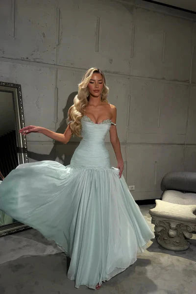 Romantic Off-The-Shoulder Chiffon Sleeveless Classy Prom Dress Beads Pleats With Zipper Main image