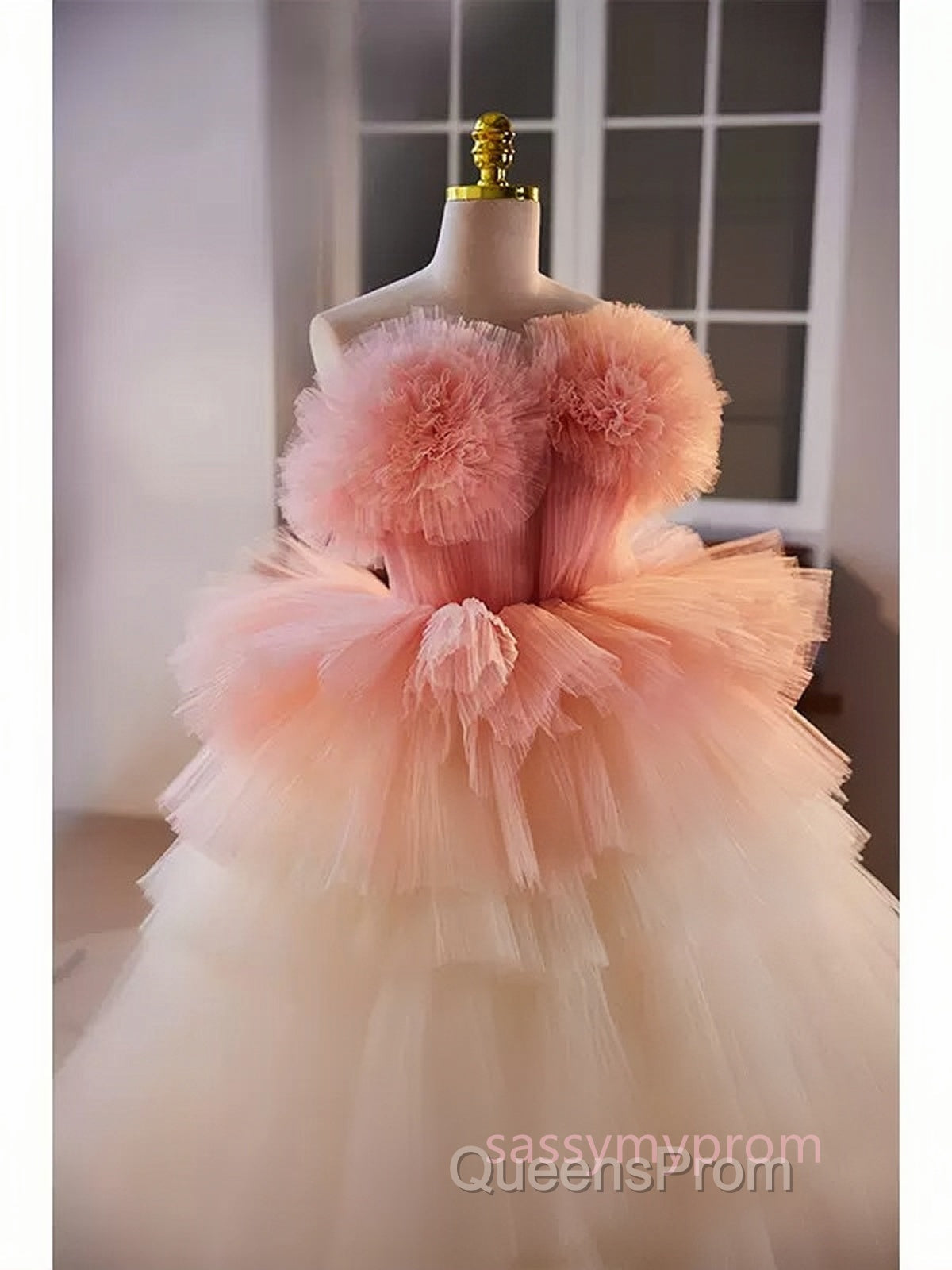 Romantic Pink Tulle Ball Gown Ombre Tiers Evening Prom Dress