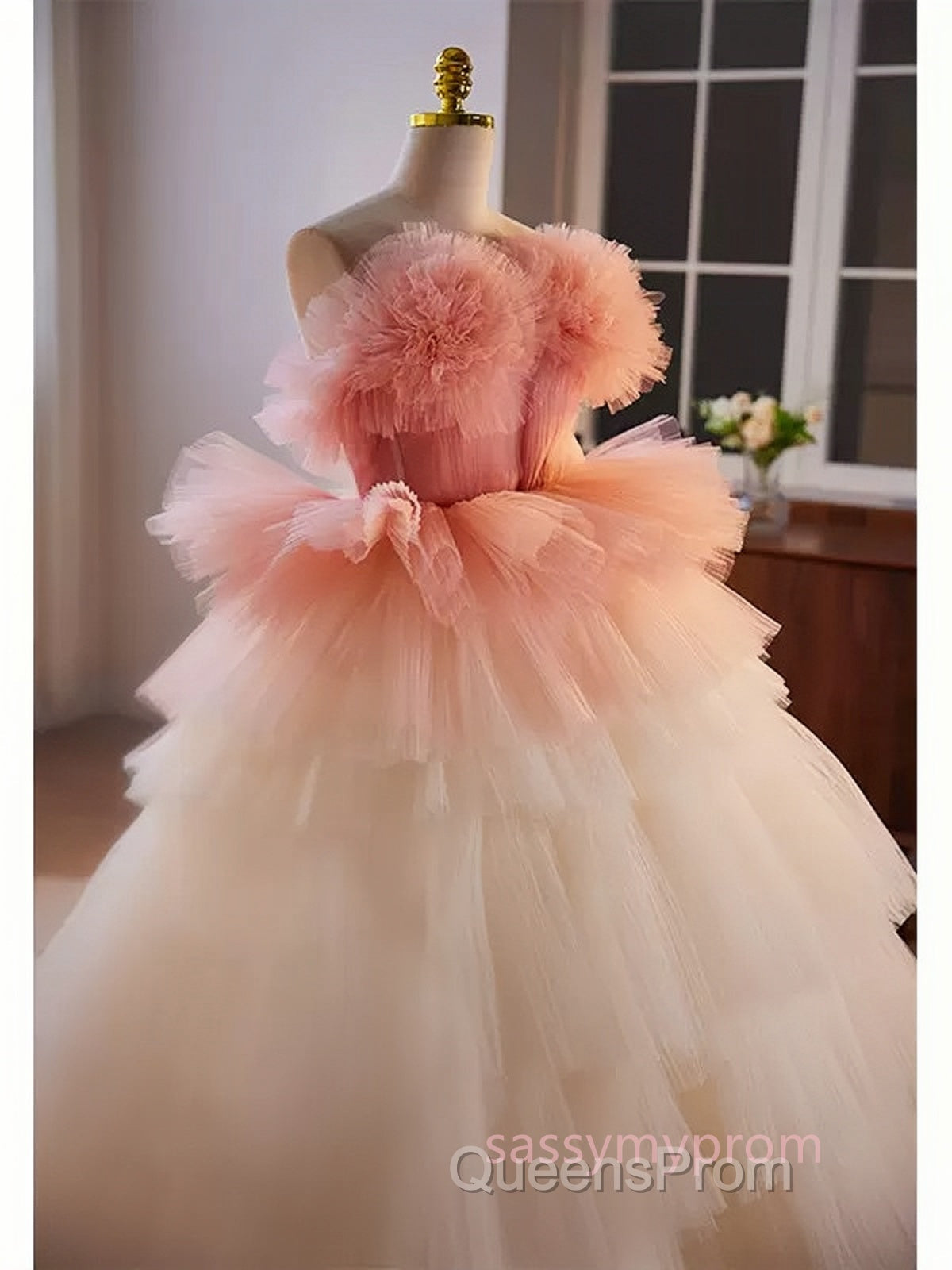 Romantic Pink Tulle Ball Gown Ombre Tiers Evening Prom Dress