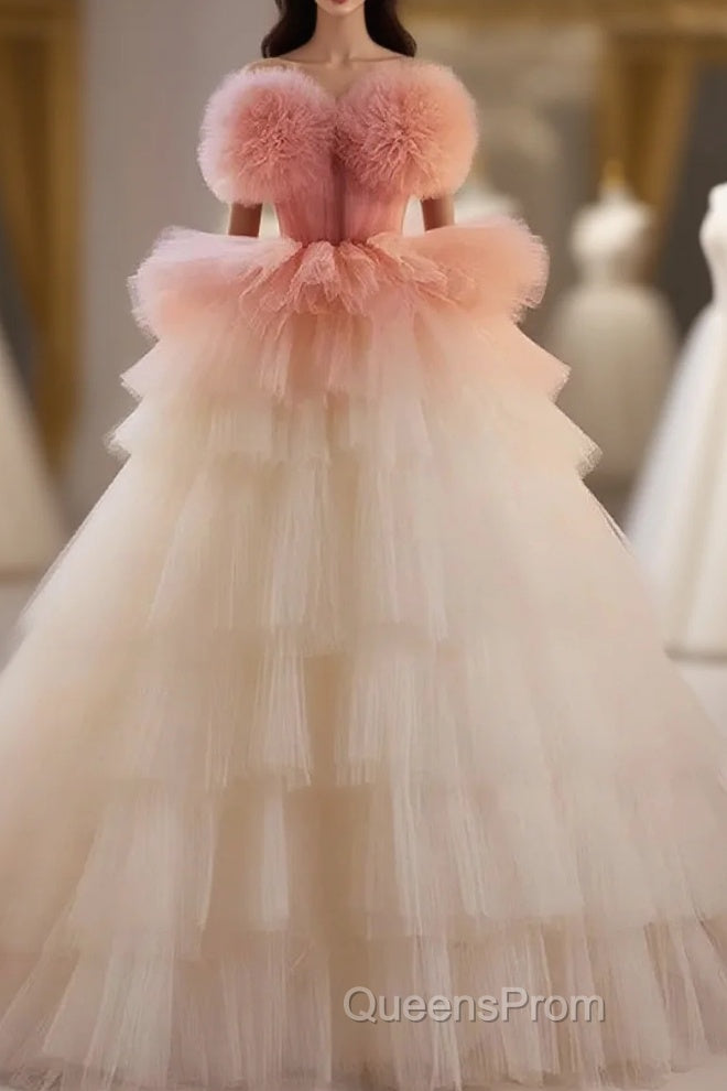 Romantic Pink Tulle Ball Gown Ombre Tiers Evening Prom Dress Main image