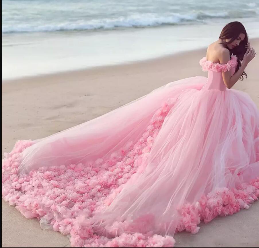 Romantic Poofy Pink Floral Wedding Dress Off The Shoulder Ball Gown Quinceanera Dress Secondary image