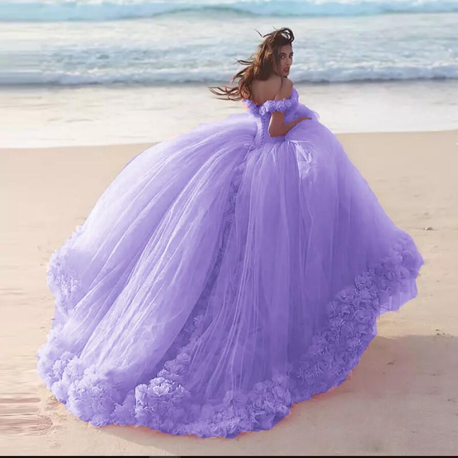 Romantic Poofy Pink Floral Wedding Dress Off The Shoulder Ball Gown Quinceanera Dress
