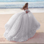 Romantic Poofy Pink Floral Wedding Dress Off The Shoulder Ball Gown Quinceanera Dress