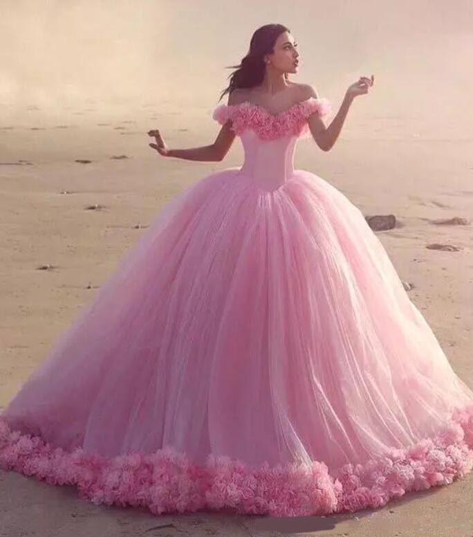 Romantic Poofy Pink Floral Wedding Dress Off The Shoulder Ball Gown Quinceanera Dress