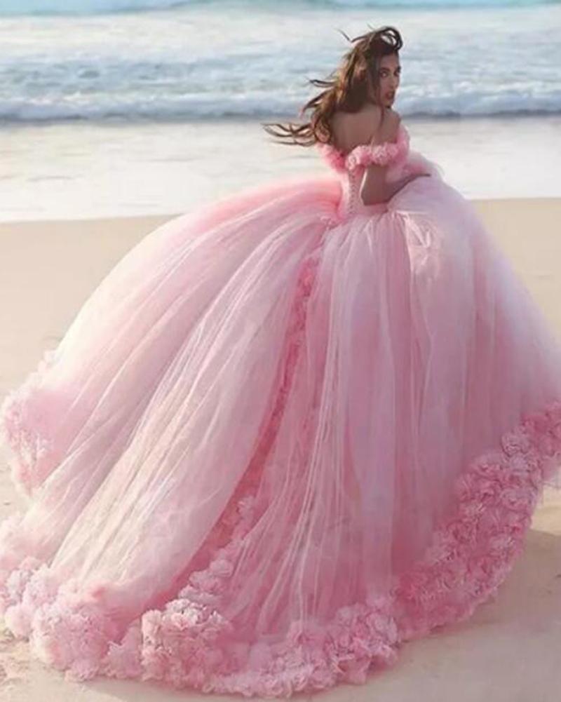 Romantic Poofy Pink Floral Wedding Dress Off The Shoulder Ball Gown Quinceanera Dress