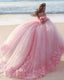 Romantic Poofy Pink Floral Wedding Dress Off The Shoulder Ball Gown Quinceanera Dress