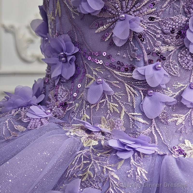 Romantic Quinceanera Dresses Sleeveless Beading Prom Dresses with 3D Flower Appliques