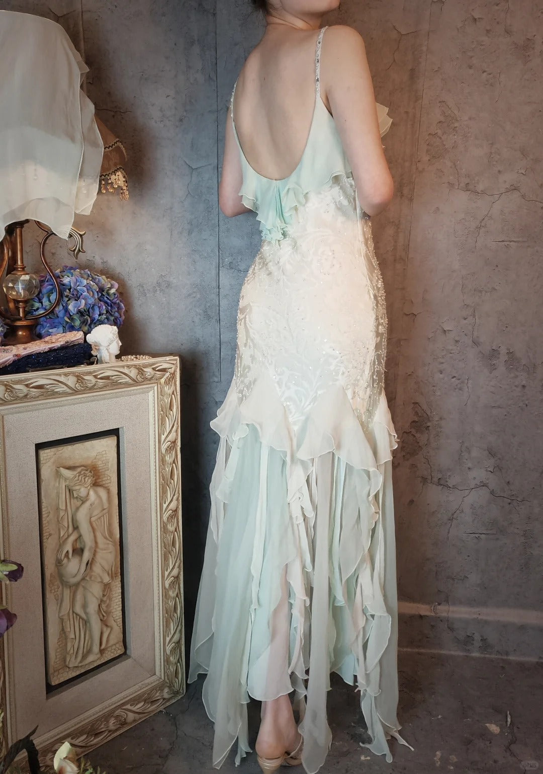Romantic Vintage Mint Green Chiffon Mermaid Beaded Long Prom Dresses Ruffled Fairytale Birthday Dresses