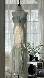 Romantic Vintage Mint Green Chiffon Mermaid Beaded Long Prom Dresses Ruffled Fairytale Birthday Dresses