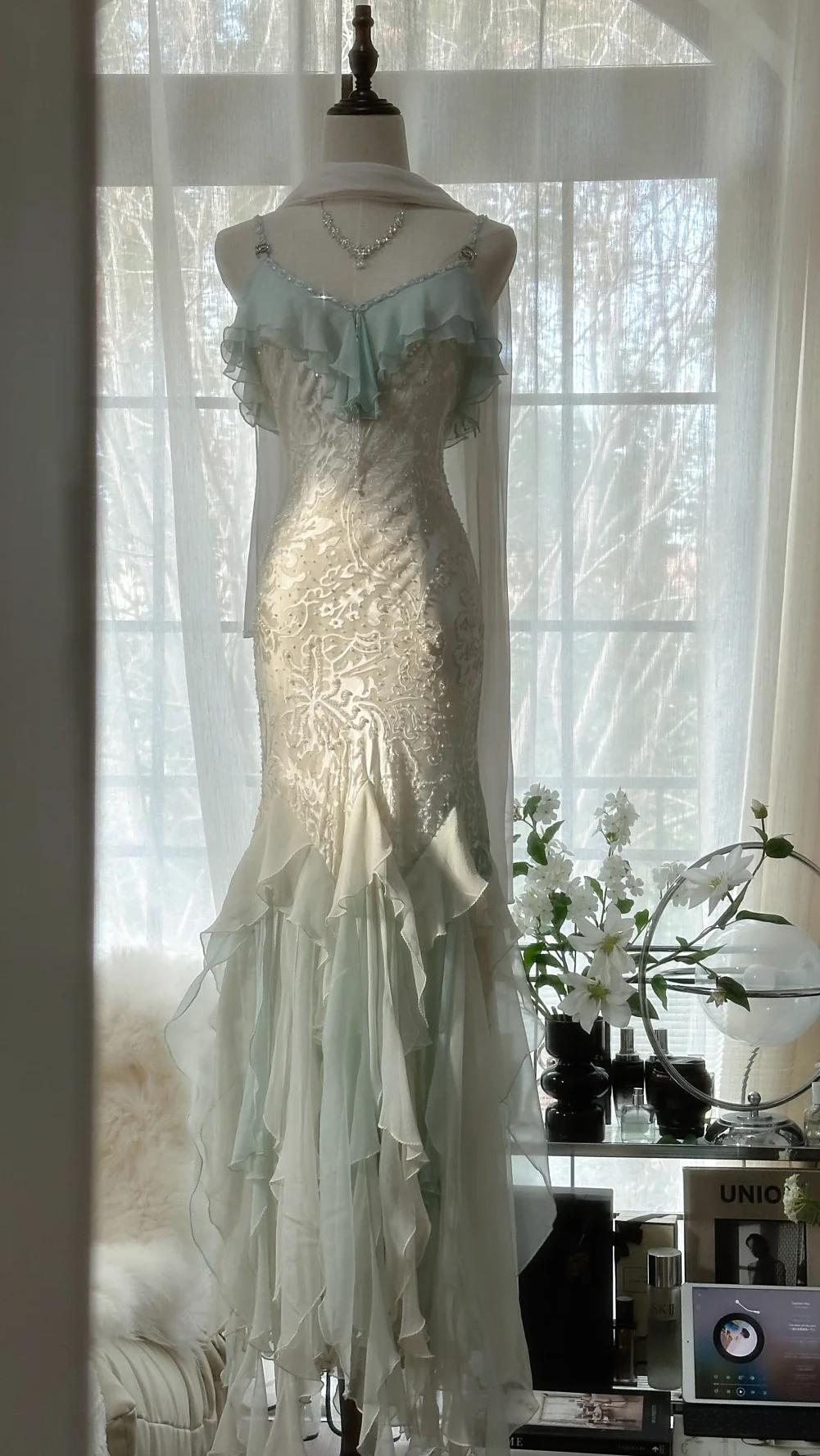 Romantic Vintage Mint Green Chiffon Mermaid Beaded Long Prom Dresses Ruffled Fairytale Birthday Dresses
