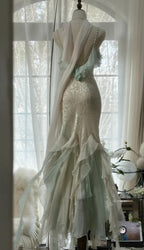 Romantic Vintage Mint Green Chiffon Mermaid Beaded Long Prom Dresses Ruffled Fairytale Birthday Dresses