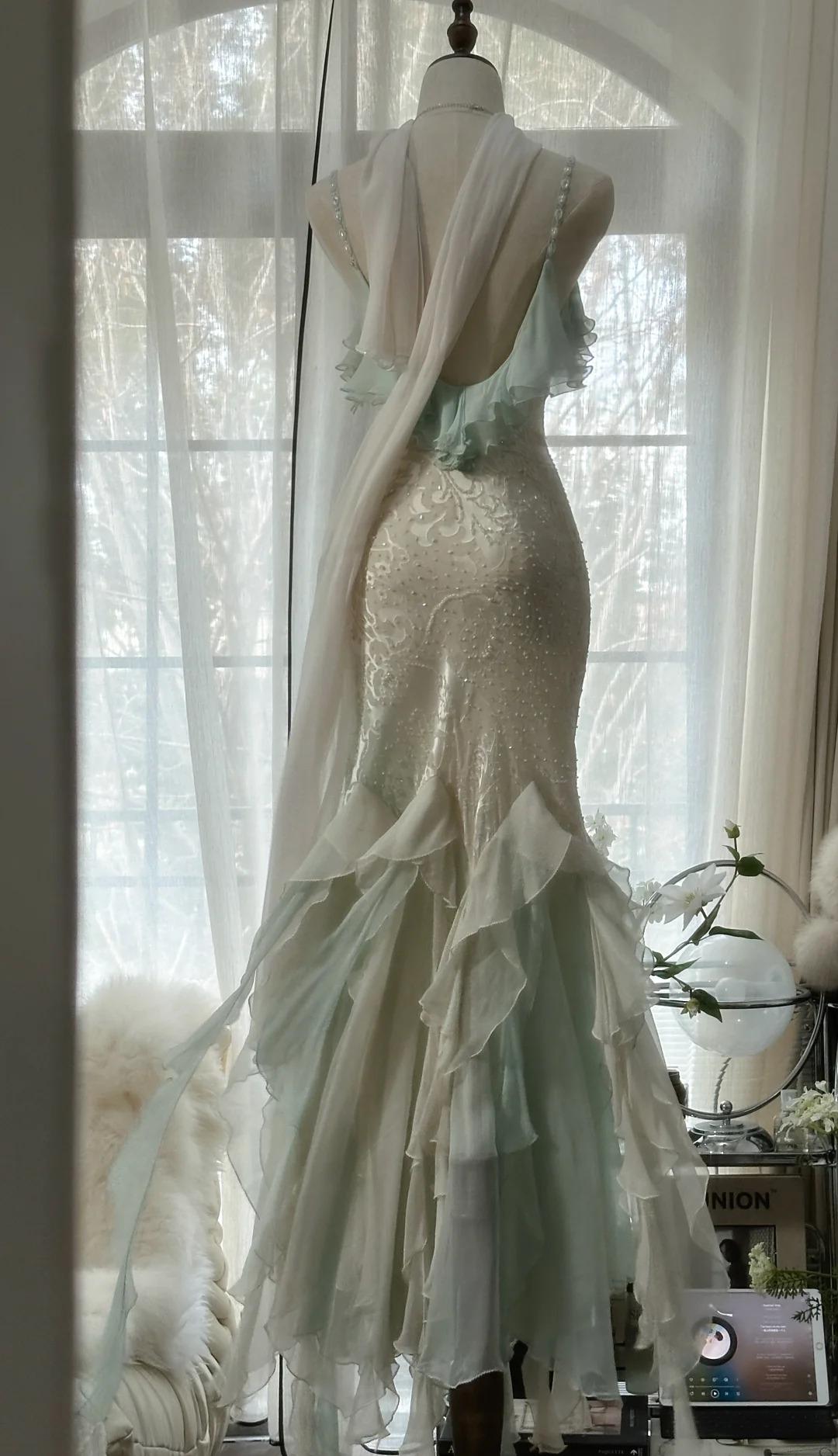 Romantic Vintage Mint Green Chiffon Mermaid Beaded Long Prom Dresses Ruffled Fairytale Birthday Dresses
