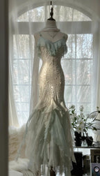 Romantic Vintage Mint Green Chiffon Mermaid Beaded Long Prom Dresses Ruffled Fairytale Birthday Dresses