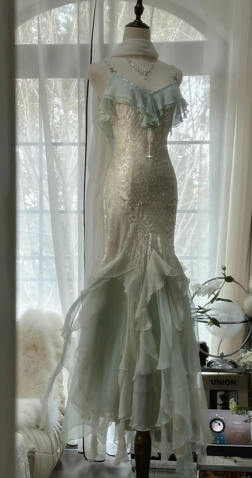 Romantic Vintage Mint Green Chiffon Mermaid Beaded Long Prom Dresses Ruffled Fairytale Birthday Dresses