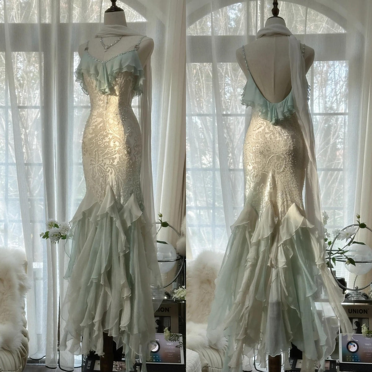 Romantic Vintage Mint Green Chiffon Mermaid Beaded Long Prom Dresses Ruffled Fairytale Birthday Dresses