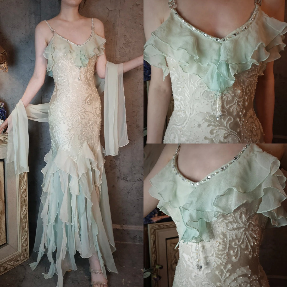 Romantic Vintage Mint Green Chiffon Mermaid Beaded Long Prom Dresses Ruffled Fairytale Birthday Dresses