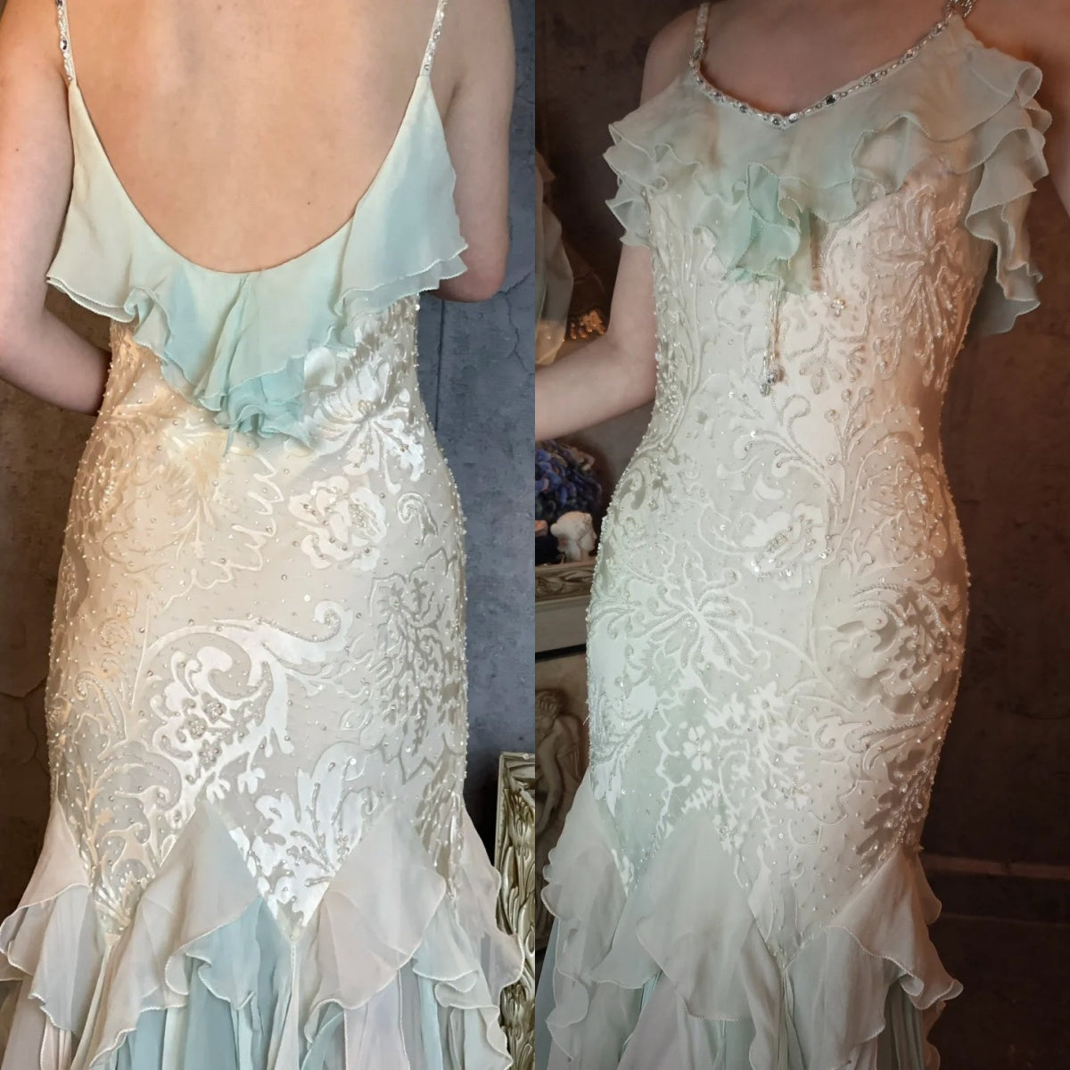 Romantic Vintage Mint Green Chiffon Mermaid Beaded Long Prom Dresses Ruffled Fairytale Birthday Dresses