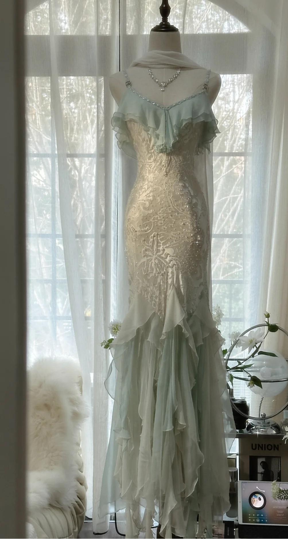 Romantic Vintage Mint Green Chiffon Mermaid Beaded Long Prom Dresses Ruffled Fairytale Birthday Dresses Main image