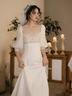 Romantic Wedding Gown Bridal Dress A Line Square Neck Satin Wedding Dress Ivory Wedding Dresses Modest Wedding Gowns