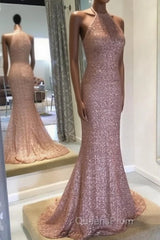 Rose Gold Sequins Halter Bridesmaid Dress Long Mermaid Gowns