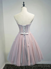 Rose Pink Short Floral Prom Dresses, Short Graduation Homecoming Dress with Beaded Flower