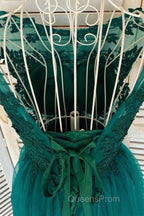 Round Neck Beaded Green Lace Short Evening Prom Homecoming Dress, Short Green Lace Formal Graduation Evening Dress