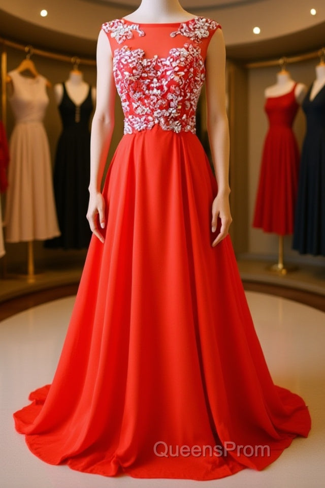 Round Neck Beaded Red Evening Prom Dress, Red Formal Dress, Red Evening Dress