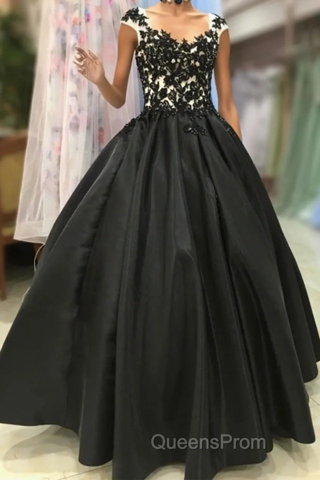 Round Neck Black Lace Floral Long Evening Prom Dress, Black Lace Formal Dress with Appliques, Black Evening Dress Main image