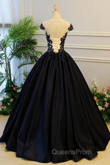 Round Neck Black Lace Floral Long Evening Prom Dress, Black Lace Formal Dress with Appliques, Black Evening Dress