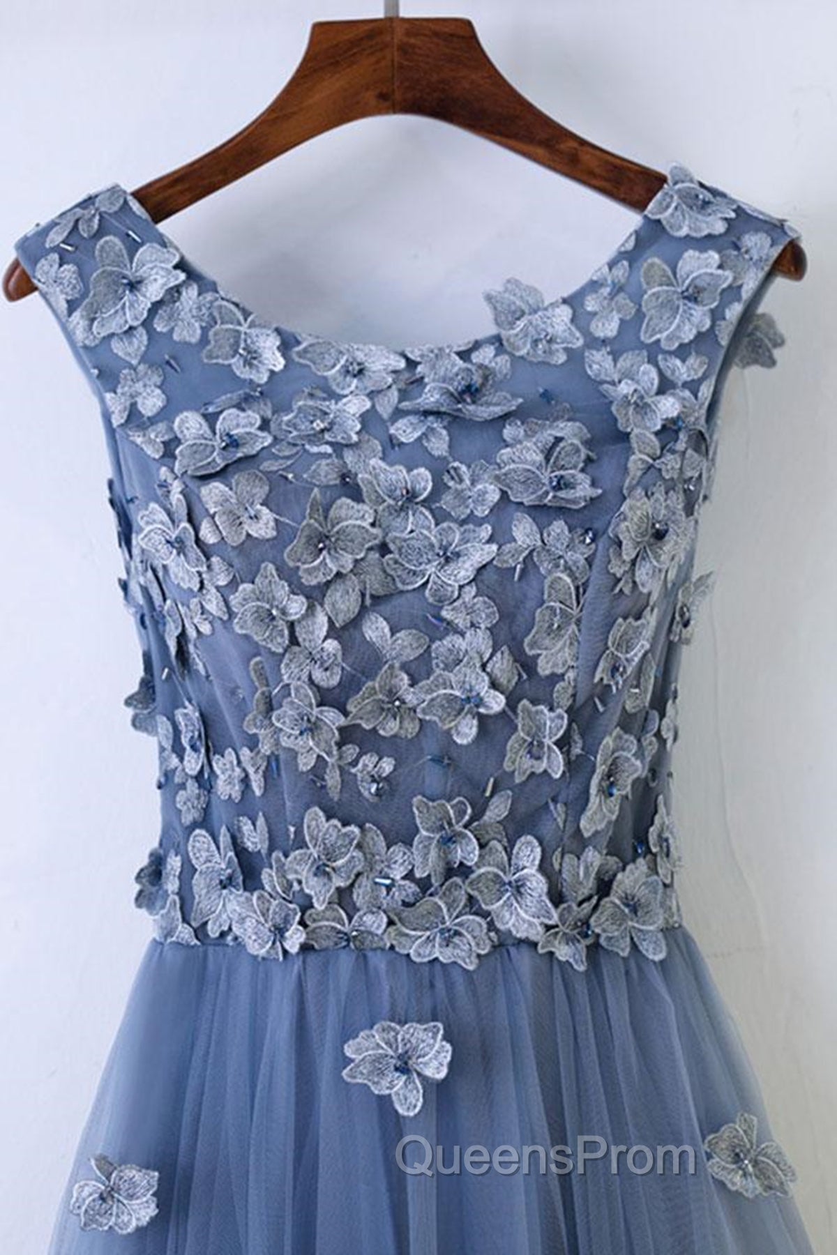Round Neck Blue Lace Floral Long Evening Prom Dress, Blue Lace Long Formal Evening Dress Secondary image