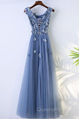 Round Neck Blue Lace Floral Long Evening Prom Dress, Blue Lace Long Formal Evening Dress