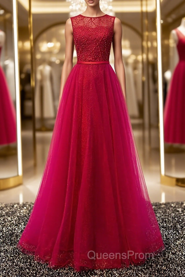 Round Neck Burgundy Beaded Evening Prom Dress, Wine Red Beaded Formal Evening Bridesmaid Dress Main image