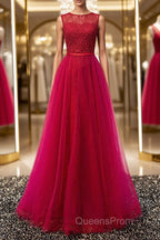 Round Neck Burgundy Beaded Evening Prom Dress, Wine Red Beaded Formal Evening Bridesmaid Dress