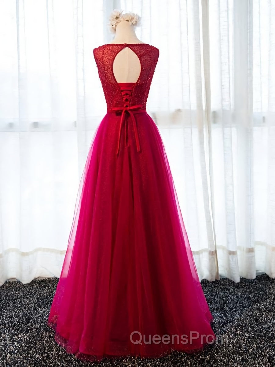 Round Neck Burgundy Beaded Evening Prom Dress, Wine Red Beaded Formal Evening Bridesmaid Dress Secondary image