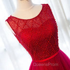 Round Neck Burgundy Beaded Evening Prom Dress, Wine Red Beaded Formal Evening Bridesmaid Dress