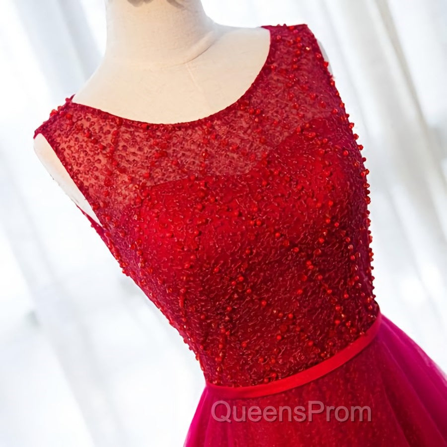 Round Neck Burgundy Beaded Evening Prom Dress, Wine Red Beaded Formal Evening Bridesmaid Dress