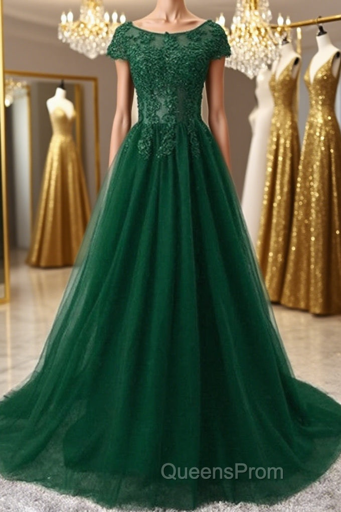 Round Neck Cap Sleeves Lace Long Evening Prom Dress,Tulle Lace Formal Evening Dress Main image