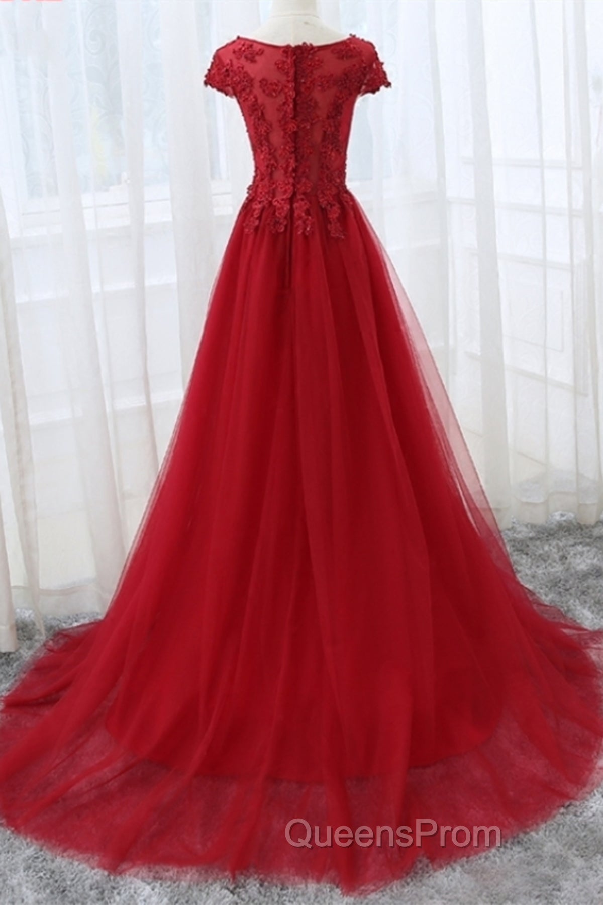 Round Neck Cap Sleeves Lace Long Evening Prom Dress,Tulle Lace Formal Evening Dress Secondary image