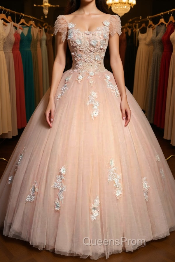 Round Neck Cap Sleeves Lace Pink Long Evening Prom Dress, Pink Lace Formal Dress, Pink Evening Dress, Ball Gown Main image