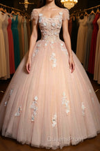 Round Neck Cap Sleeves Lace Pink Long Evening Prom Dress, Pink Lace Formal Dress, Pink Evening Dress, Ball Gown