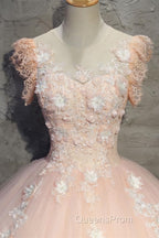 Round Neck Cap Sleeves Lace Pink Long Evening Prom Dress, Pink Lace Formal Dress, Pink Evening Dress, Ball Gown