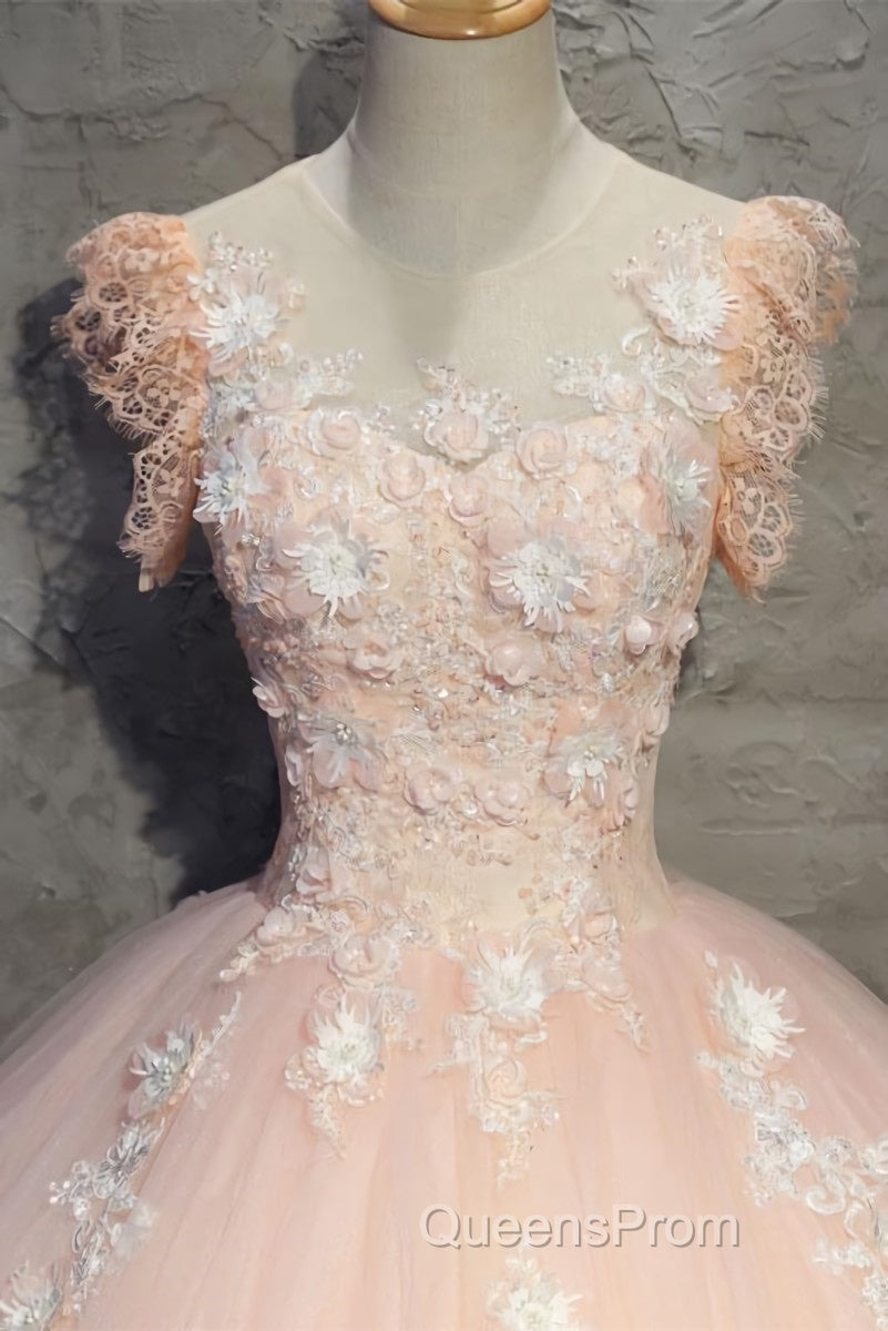 Round Neck Cap Sleeves Lace Pink Long Evening Prom Dress, Pink Lace Formal Dress, Pink Evening Dress, Ball Gown