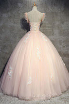 Round Neck Cap Sleeves Lace Pink Long Evening Prom Dress, Pink Lace Formal Dress, Pink Evening Dress, Ball Gown