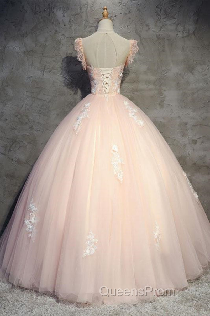 Round Neck Cap Sleeves Lace Pink Long Evening Prom Dress, Pink Lace Formal Dress, Pink Evening Dress, Ball Gown
