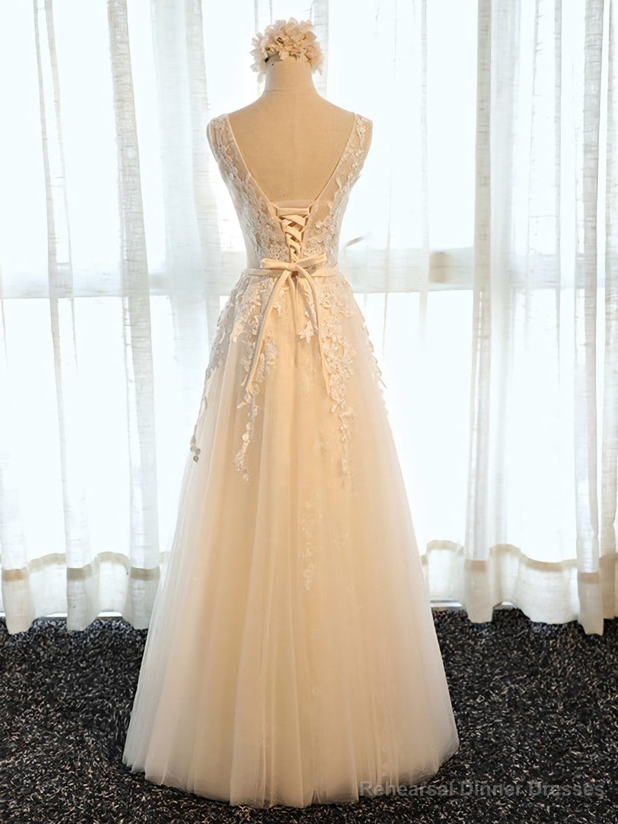 Round Neck Champagne Lace Prom Dresses, Champagne Lace Formal Evening Bridesmaid Dresses