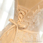 Round Neck Champagne Lace Prom Dresses, Champagne Lace Formal Evening Bridesmaid Dresses