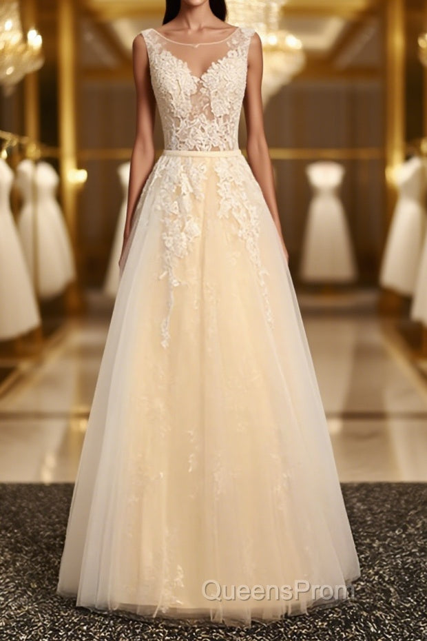 Round Neck Champagne Lace Evening Prom Dress with Corset Back, Champagne Lace Formal Evening Bridesmaid Dress Main image