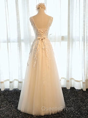 Round Neck Champagne Lace Evening Prom Dress with Corset Back, Champagne Lace Formal Evening Bridesmaid Dress