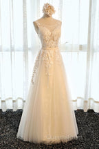 Round Neck Champagne Lace Evening Prom Dress with Corset Back, Champagne Lace Formal Evening Bridesmaid Dress