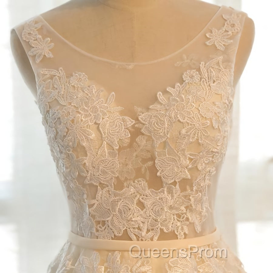 Round Neck Champagne Lace Evening Prom Dress with Corset Back, Champagne Lace Formal Evening Bridesmaid Dress